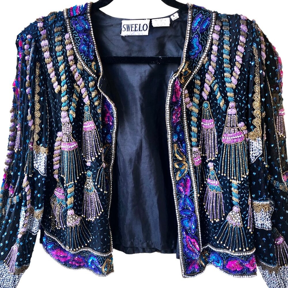 Vintage SweeLo Multi-Color Beaded Sequins Silk Jacket Womens size Large (10-12) - Picture 4 of 16